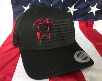 Any colors, Lineman blacked out flag embroidered hat, lineman baseball cap, lineman, custom baseball cap, transmission line