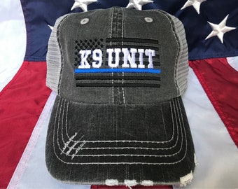 Thin blue line K-9 unit  American flag, Police Wife distressed trucker hat, police cap, police wife embroidered blue line distressed, K9 cop