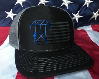 Any colors Lineman American blacked out flag embroidered hat, blue transmission lineman flag hat, lineman baseball cap