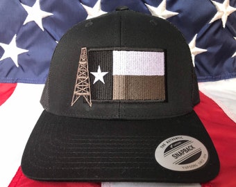 Texas oilfield flag embroidered hat, oil rig baseball cap, roughneck hat, custom baseball cap, black and white texas flag