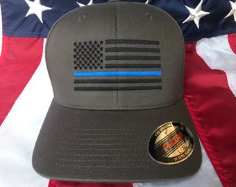 Free personalization Thin blue line Fire police officer American flag dark grey hat, police cap, custom gift embroidered hat