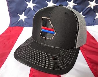Thin red line and blue line state of Ga fire fighter police embroidered cap, firefighter hat, Georgia firefighter, georgia police officer