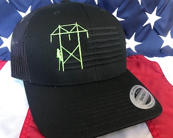Any colors, transmission Lineman blacked out flag embroidered hat, lime green lineman, custom baseball cap, transmission lineman
