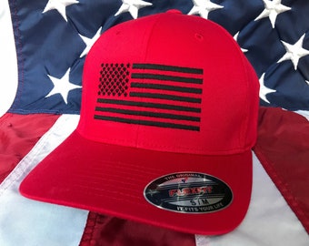 Any colors, Free personalization, black American flag red hat, fire cap, flag baseball cap, fitted cap, red flex fit hat, american flag