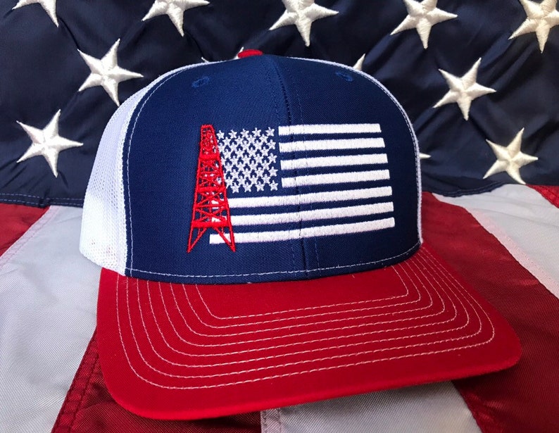 Oil Field Derrick American Flag Snapback Hat - Richardson 112 Charcoal Grey Mesh Cap For Oil Rig Workers