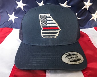 Free personalization Thin red line Fire fighter Georgia American flag hat, Ga police officer, custom fire department hat, embroidered hat