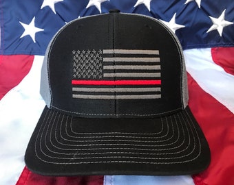 Thin red line flag embroidered hat, firefighter, fire department, firefighter gift, thin red line Richardson snapback hat