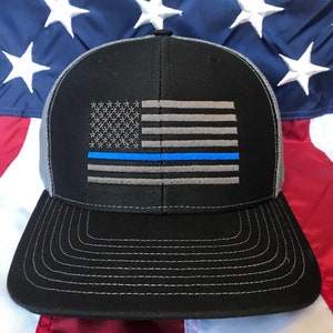 Thin blue line flag embroidered hat, policeman, police officer, police gift, thin blue line Richardson snapback hat