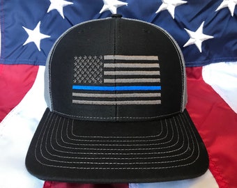 Thin blue line flag embroidered hat, policeman, police officer, police gift, thin blue line Richardson snapback hat