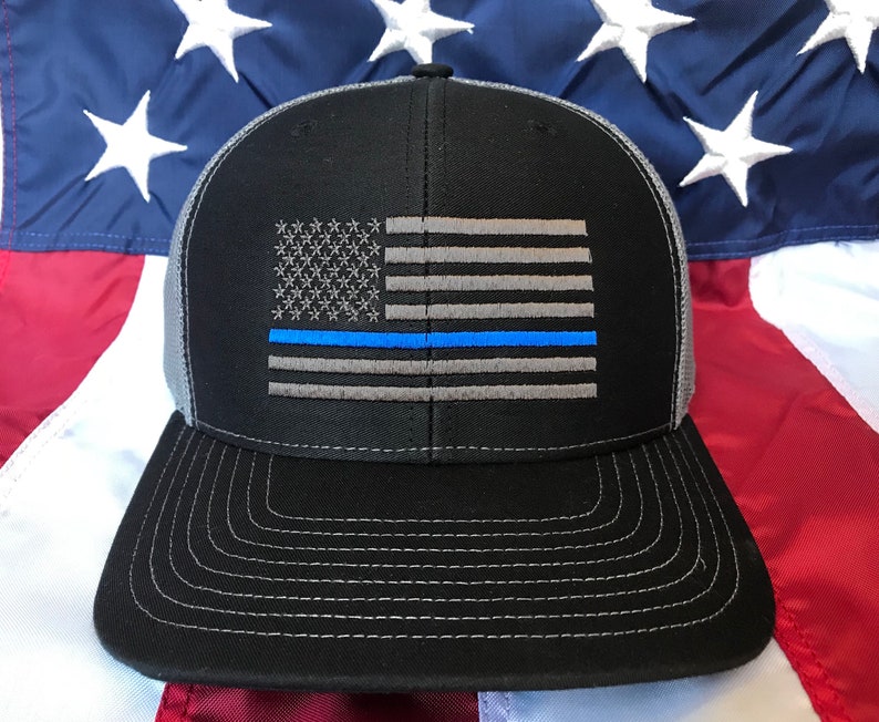 Thin Blue Line Flag Patch Snapback Trucker Hat Charcoal Grey/White