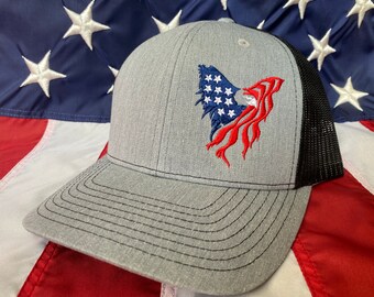 Eagle American flag embroidered hat, Richardson snapback hat, patriotic hat, America, American flag hat