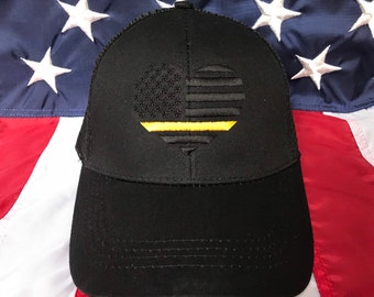 Pony tail hat blacked out thin gold line heart flag, 911 dispatcher Pony tail hats, custom pony tail hats, high pony tail, bun hat