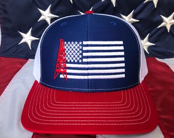 Any colors oilfield American flag embroidered hat, oil rig  flag hat, roughneck hat, oil baseball cap, red white and blue hat