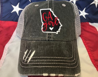 Ga girl distressed trucker hat, Georgia outline, state of GA, Georgia girl women's hat
