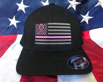 Free personalization, Thin pink line charcoal grey American flag hat, breast cancer awareness hat cap, breast cancer ribbon embroidered hat