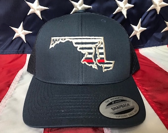 Free personalization Thin red line Fire fighter Maryland American flag hat, MD police officer, custom fire department hat, embroidered hat