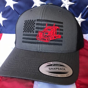 Any colors, semi truck flag embroidered hat, trucker baseball cap, trucking, custom baseball cap, dark grey semi truck hat