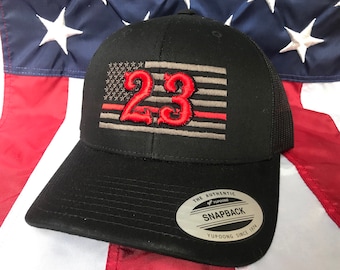 Free personalization Thin red line Fire fighter 3D number charcoal grey American flag hat, fire cap, custom fire fighter department hat