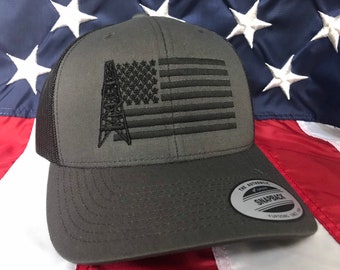 Any colors, black oilfield flag embroidered hat, oil rig baseball cap, oil custom baseball cap, dark grey oilfield hat, roughneck hat