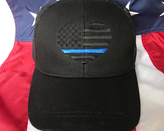 Pony tail hat blacked out thin blue line heart flag, police wife Pony tail hats, custom pony tail hats, high pony tail, bun hat
