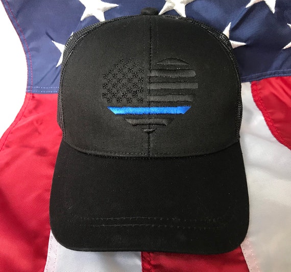 Pony tail hat blacked out thin blue line heart flag, police wife Pony tail hats, custom pony tail hats, high pony tail, bun hat