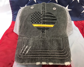 Thin gold line American flag heart, 911 disptacher distressed trucker hat, communications cap, dispatcher embroidered gold line trucker hat