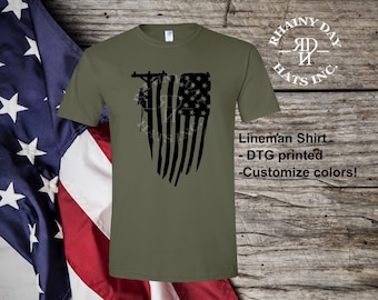 Lineman American flag printed shirt, Lineman shirt, military green lineman shirt, Lineman gift, Lineman t-shirt