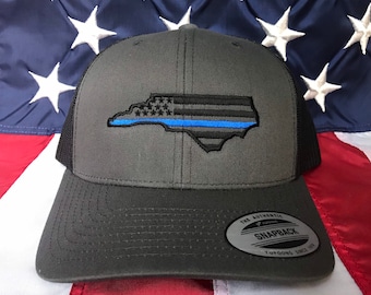 Any colors, Thin blue line american flag state of NC police officer embroidered cap, police hat, NC police hat, North Carolina police