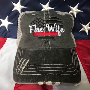 Thin red line Fire Wife American flag heart, Fire Wife distressed trucker hat, fire cap, Firefighter's wife embroidered red line distressed