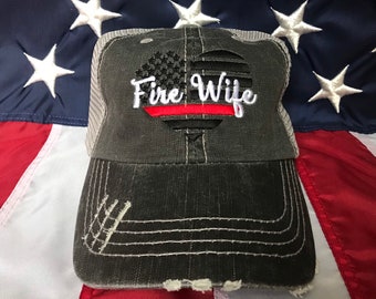Thin red line Fire Wife American flag heart, Fire Wife distressed trucker hat, fire cap, Firefighter's wife embroidered red line distressed