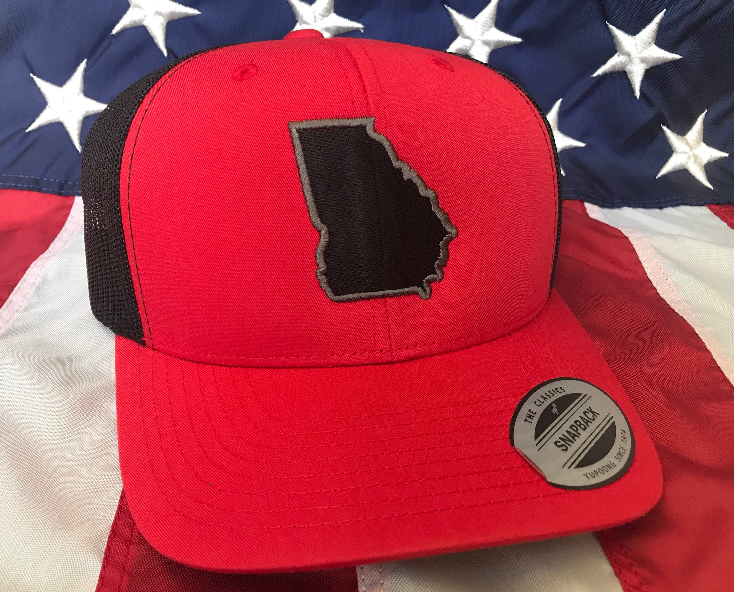 State of Ga embroidered cap, outline hat, red and black trucker hat