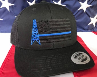 Thin blue line oilfield blacked out flag embroidered hat, oil rig baseball cap, oil, roughneck hat, custom baseball cap