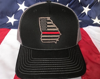 Thin red line charcoal american flag state of Ga fire fighter embroidered cap, firefighter hat, Georgia fire fighter, thin blue line Ga