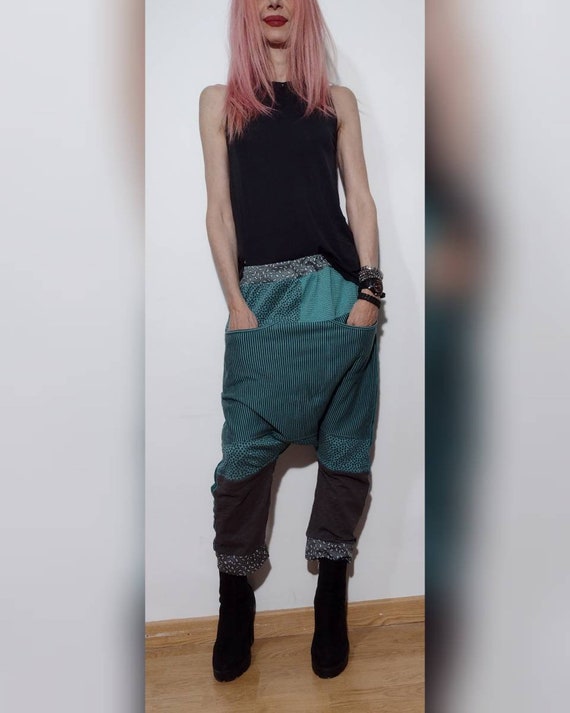 Pantalones patchwork de entrepierna caída de algodón. Cómodos | Etsy España