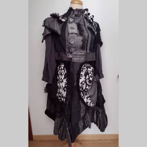 Black and grey patchwork goth jacket. Midi black handmade embroidery light coat. Black boho textured long coat. Recycled patchwork coat.