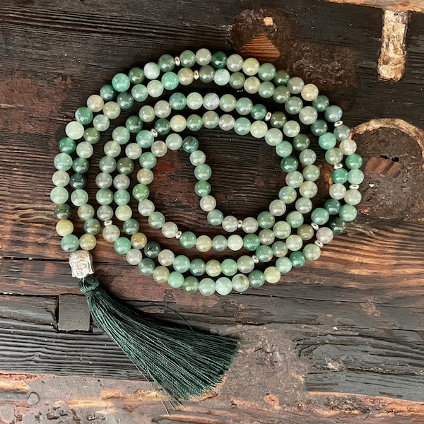 Mala necklace - Aventurine & Buddha, stainless steel