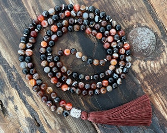 Mala necklace - agate & Buddha, stainless steel