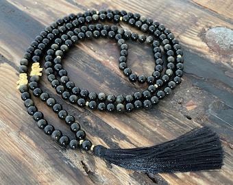 Mala necklace - obsidian & elephants, gold-plated rings