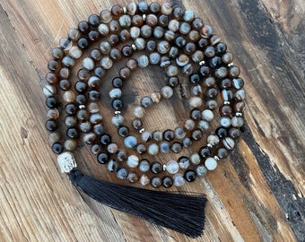 Mala necklace - agate & Buddha, stainless steel