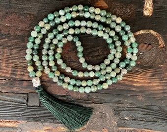 Mala necklace - Aventurine & Buddha, stainless steel