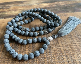 Mala Necklace - Lava & Buddha, Stainless Steel