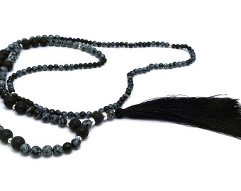 Mala Necklace-Obsidian & lava, 925 sterling silver