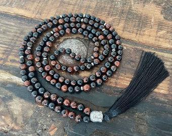 Mala Necklace - Mahogany Obsidian & Stainless Steel, Buddha