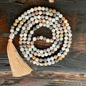 Mala Necklace - Bamboo Leaf Agate & Stainless Steel, Buddha