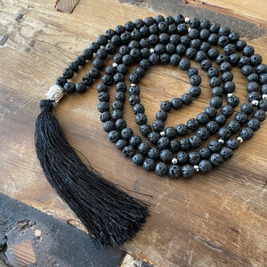 Mala necklace - Lava & Buddha, stainless steel