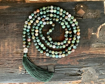 Mala necklace - agate & Buddha, stainless steel