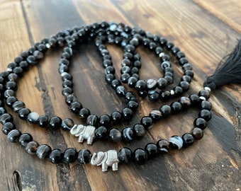 Mala necklace - agate & elephants, stainless steel