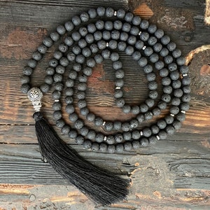 Mala necklace - Lava & Guru bead, stainless steel