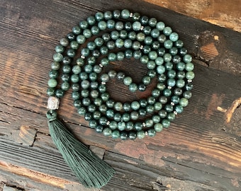 Mala Necklace - Moss Agate & Buddha, Stainless Steel