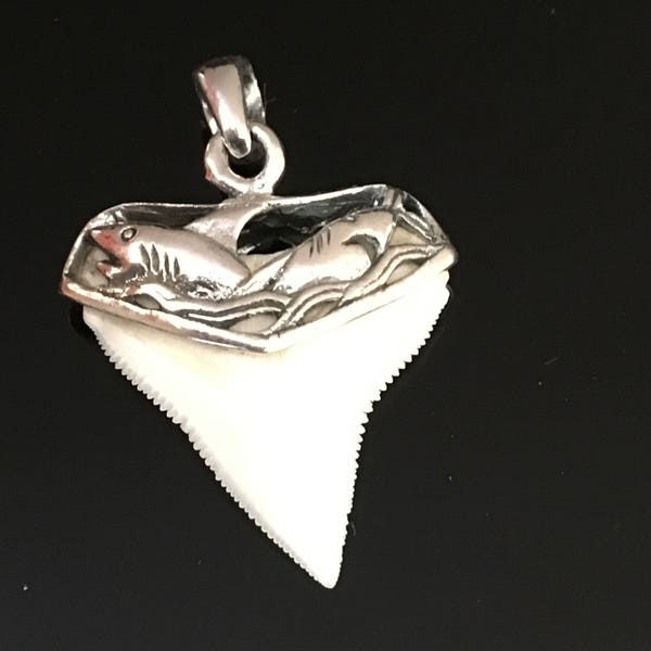 26mm bull shark tooth capped in solid 92.5 sterling silver shark head carving with waves fishing diving charm hand made unique #C1
